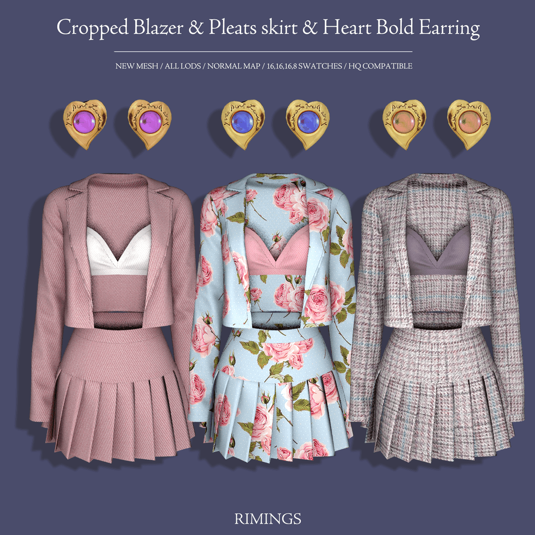 Комплект Cropped Blazer & Pleats Skirt & Heart Earring